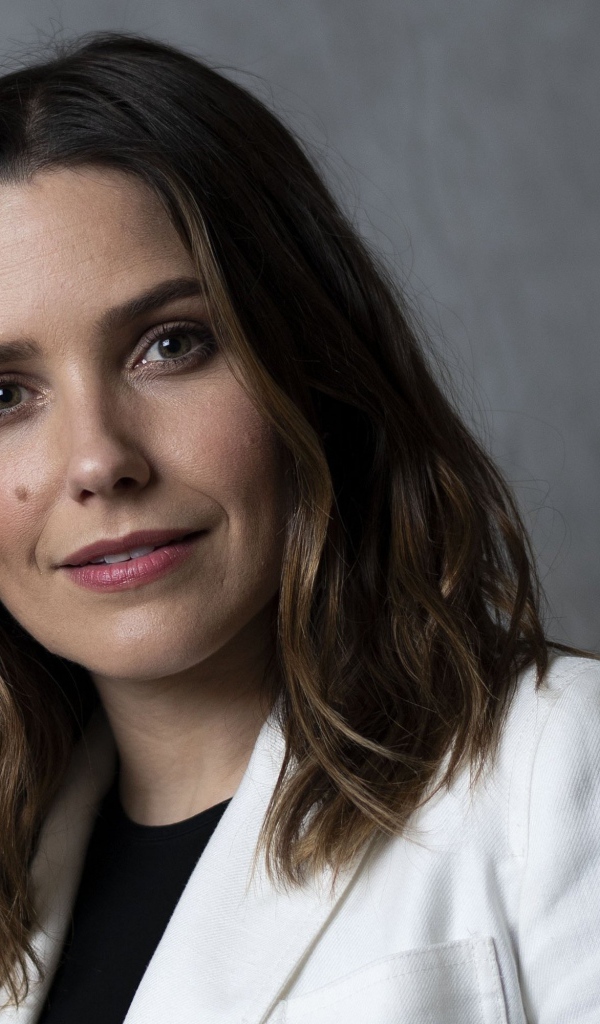 Стильная девушка, актриса София Буш на сером фоне