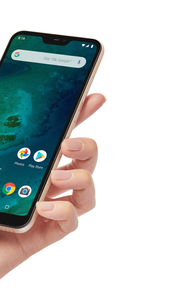 The new smartphone Xiaomi Mi A2, 2019 in hand on a white background