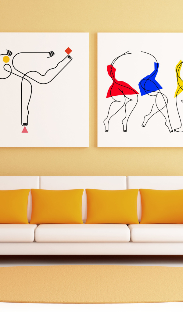 Необычные картины на стене в комнате с диваном 
