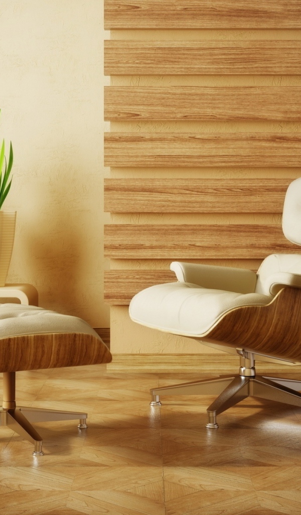 Мягкое кресло в комнате с деревянным интерьером 