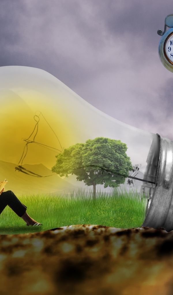 Мужчина сидит в большой фантастической лампочке у часов