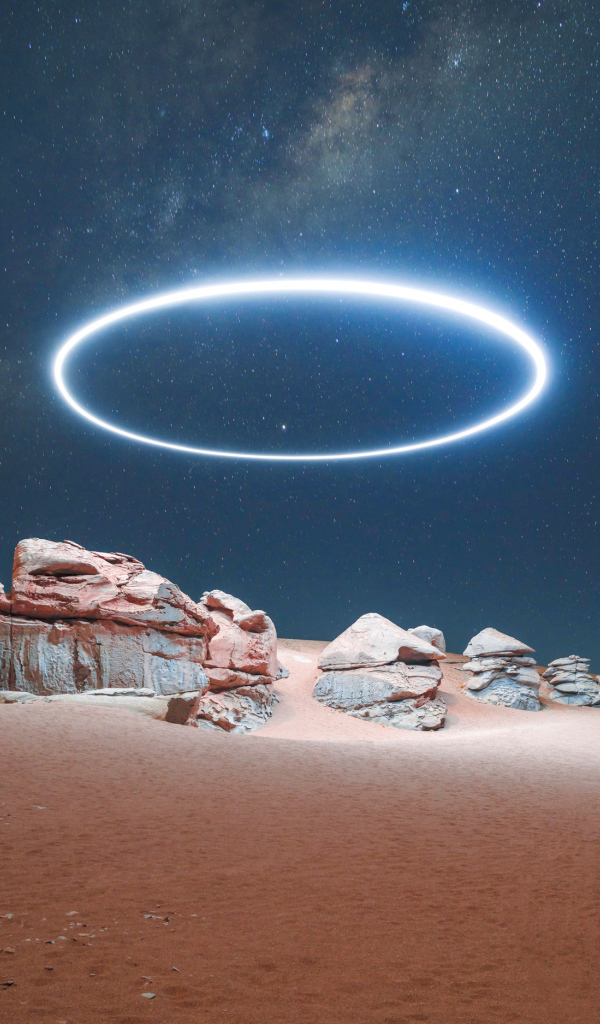 Big bright circle in the sky over the desert