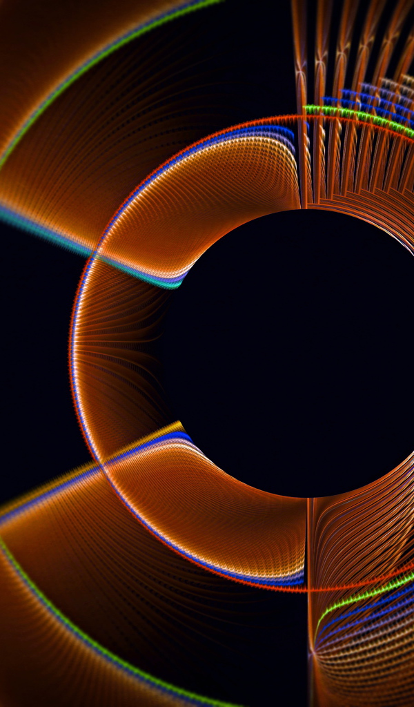 Коричневый фрактальный рисунок с радужными линиями на черном фоне