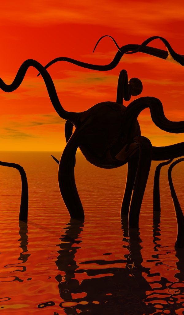 Фантастическое животное в спокойной морской воде на закате солнца