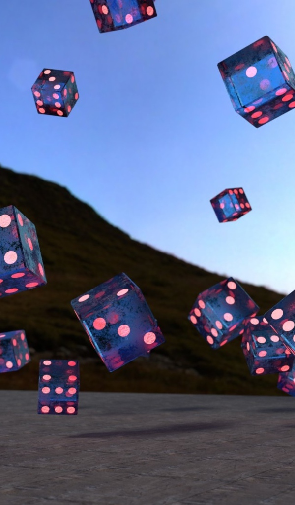 Летающие игральные кости над дорогой, 3д графика