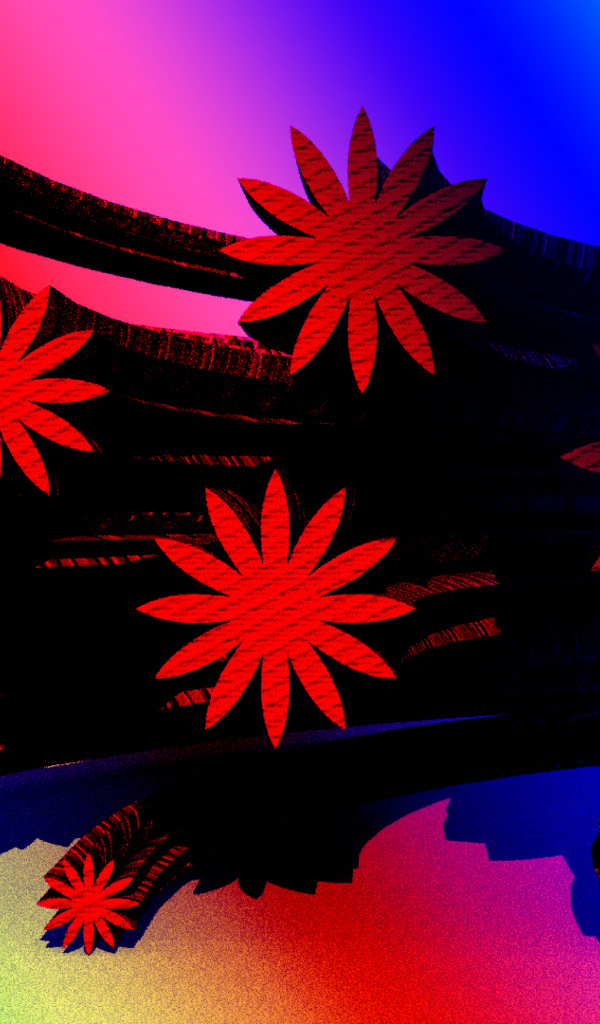 Красные цветы на разноцветном фоне, 3д графика 