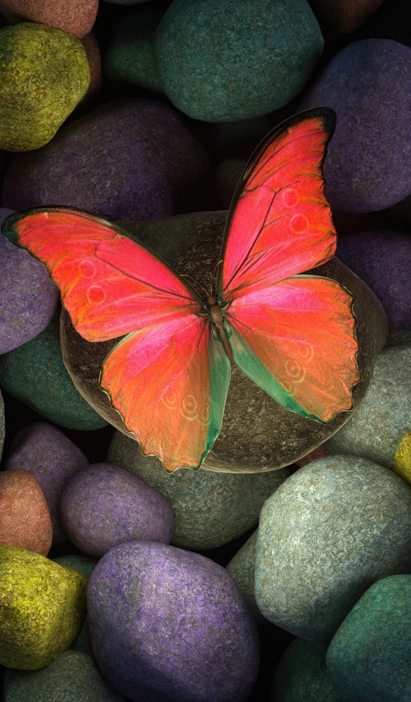 Бумажная бабочка на разноцветных камнях 