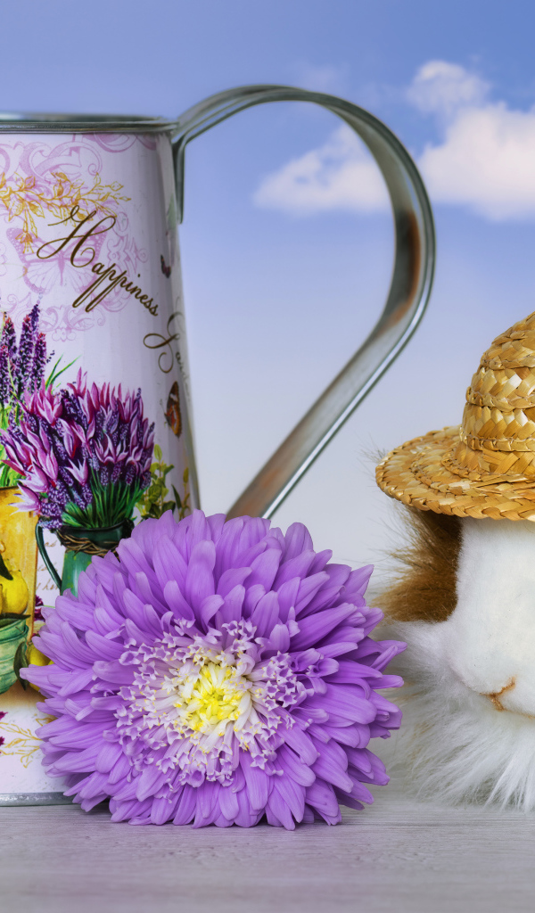 Guinea pig on a table with a watering can and a flower