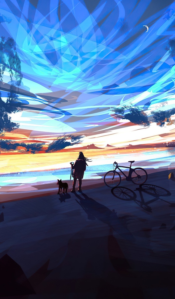 Девушка аниме смотрит на фантастическое небо 