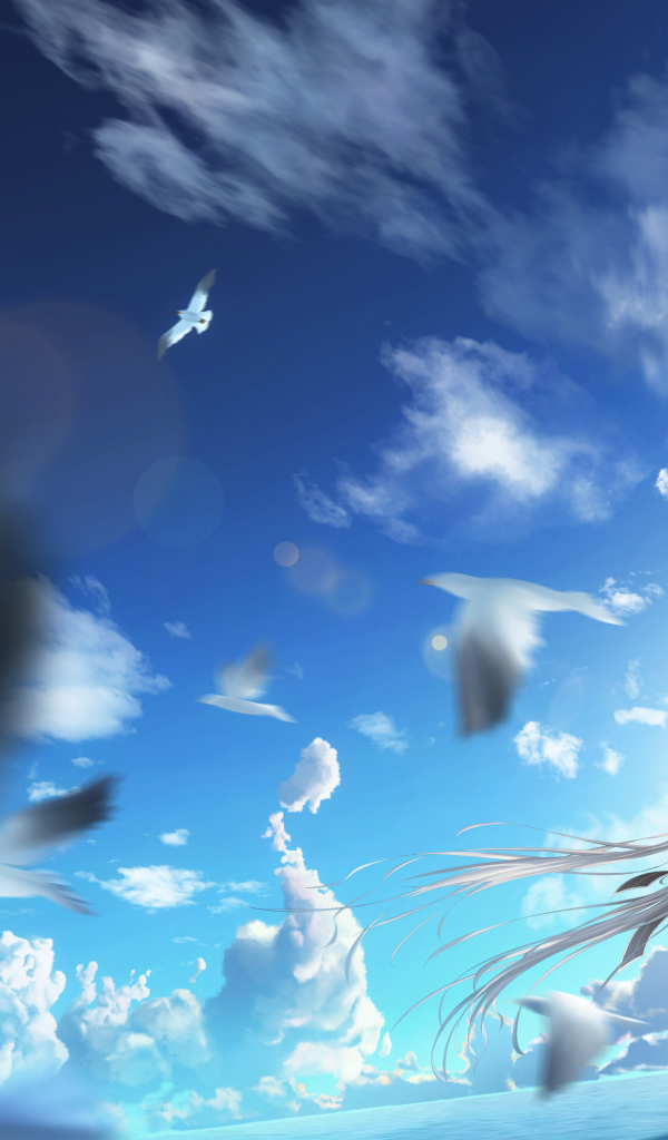 Девушка аниме на фоне голубого неба с птицами