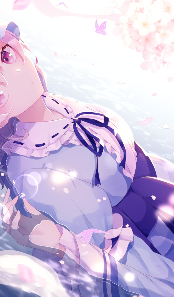 Anime girl on a background of white flowers