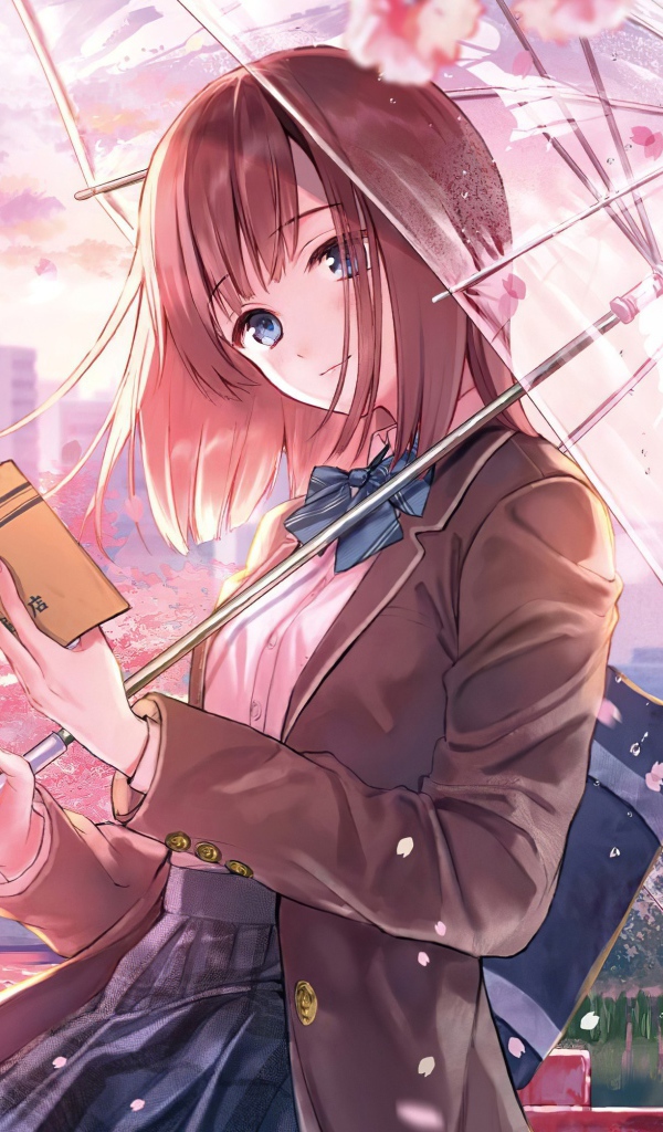 Anime girl with a book and an umbrella in hand