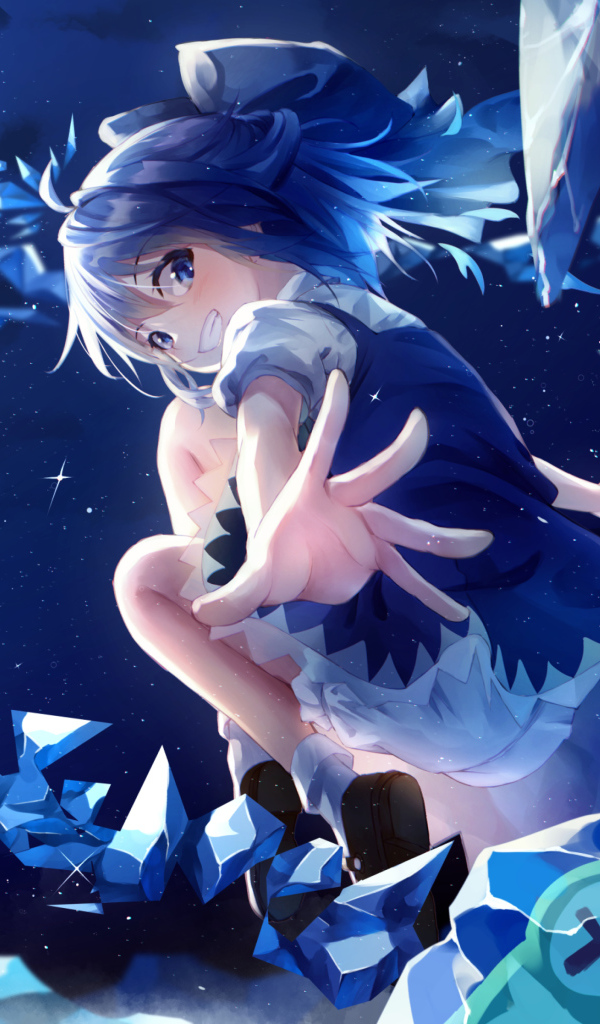 Девушка аниме с голубыми волосами бросает кристаллы 