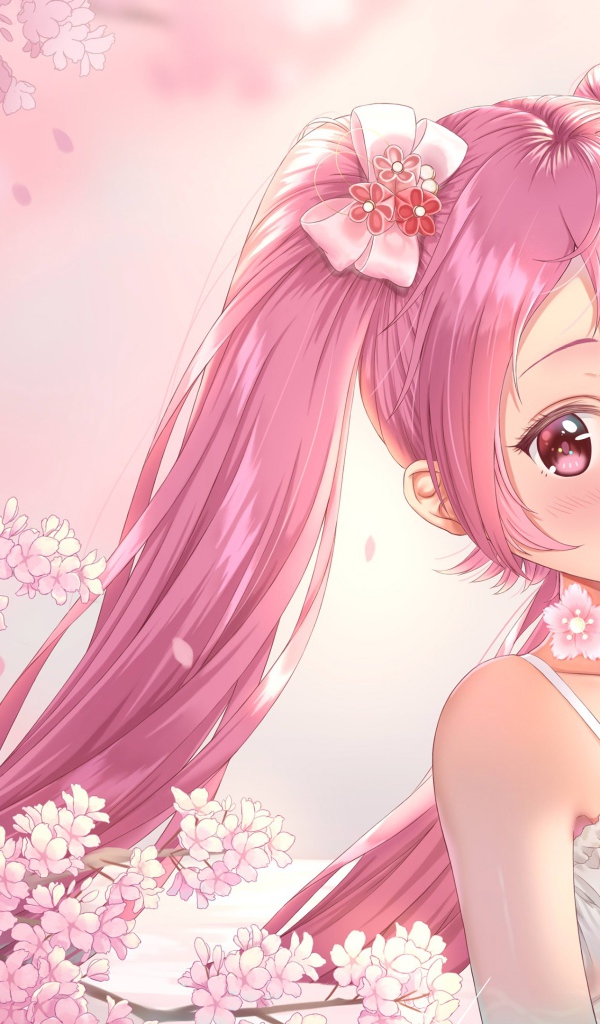 Девушка аниме с розовыми волосами в белом платье 