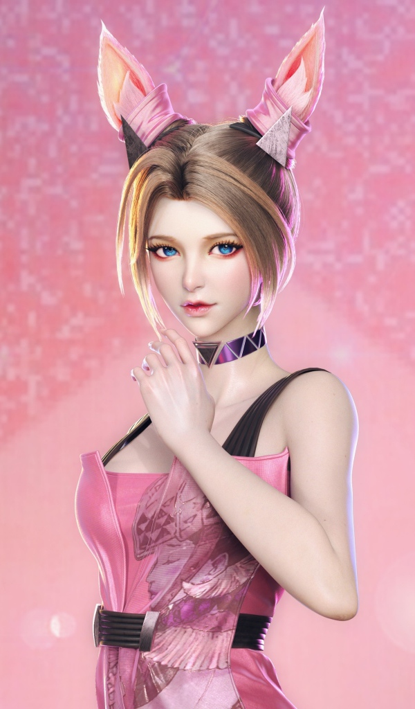 Девушка аниме с ушами белки на розовом фоне