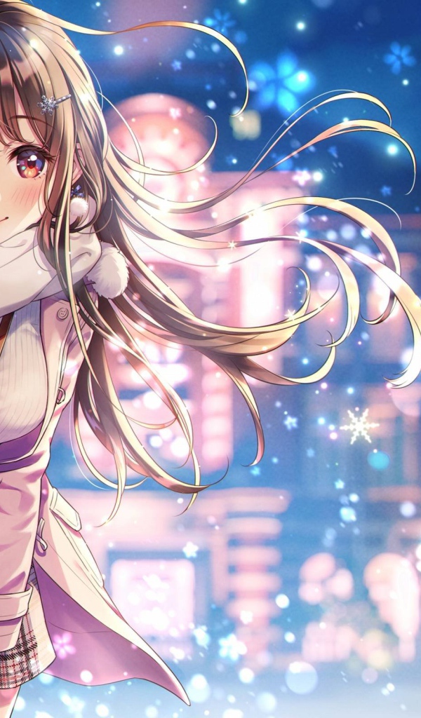 Девушка азиатка с длинными волосами зимой на улице