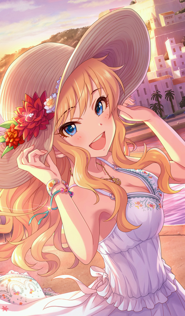 Красивая девушка аниме в шляпке у реки 