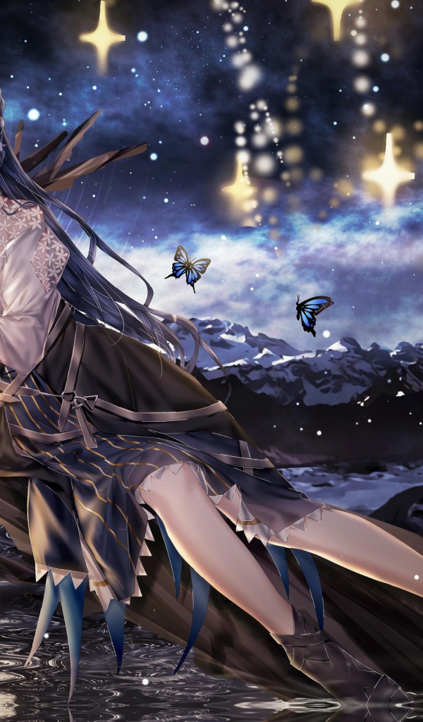 Красивая девушка аниме лежит на дереве у воды