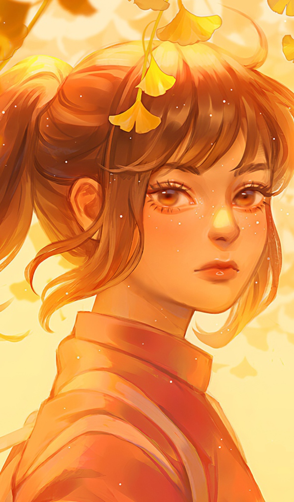 Красивое лицо девушки аниме на фоне листьев 