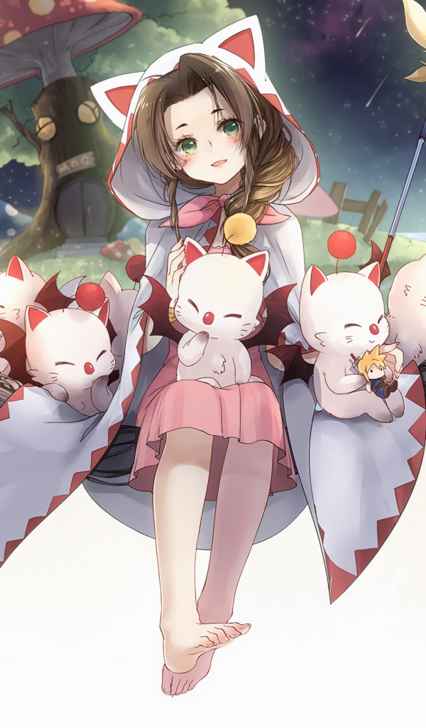 Милая девушка аниме с котятами на белом фоне