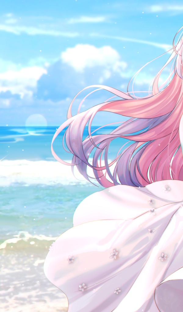 Длинноволосая девушка аниме с белом платье у моря