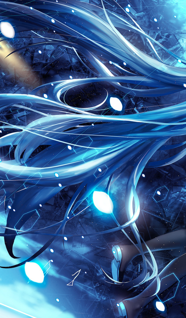 Девушка аниме Мику Хацунэ с длинными голубыми волосами  в космосе