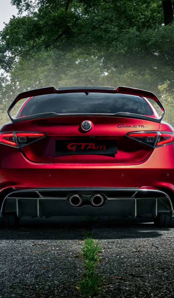 Красный автомобиль Alfa Romeo Giulia GTAm, 2021 года вид сзади