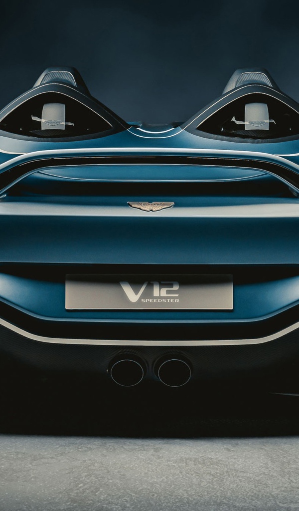 Автомобиль Aston Martin V12 Speedster 2020 года вид сзади на сером фоне