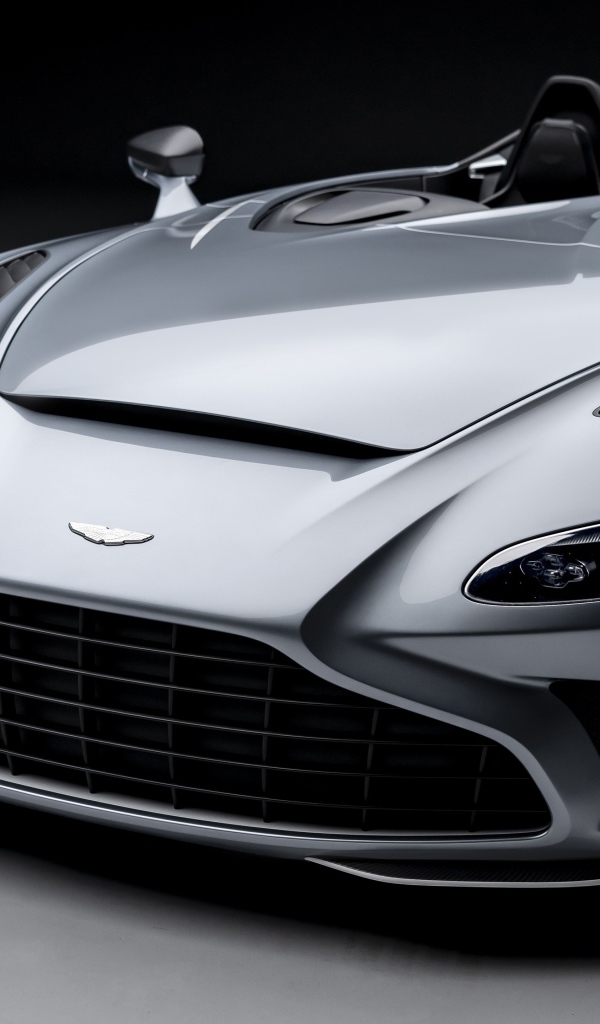 Серебристый кабриолет Aston Martin V12 Speedster 2020 года крупным планом