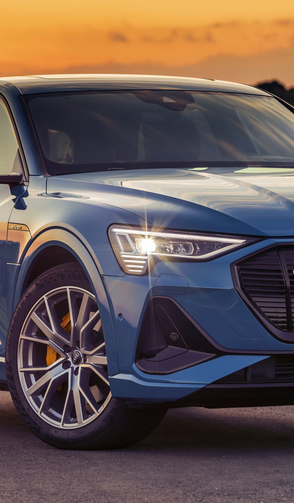 Синий автомобиль Audi E-Tron 55 Quattro S Line 2020 года на закате