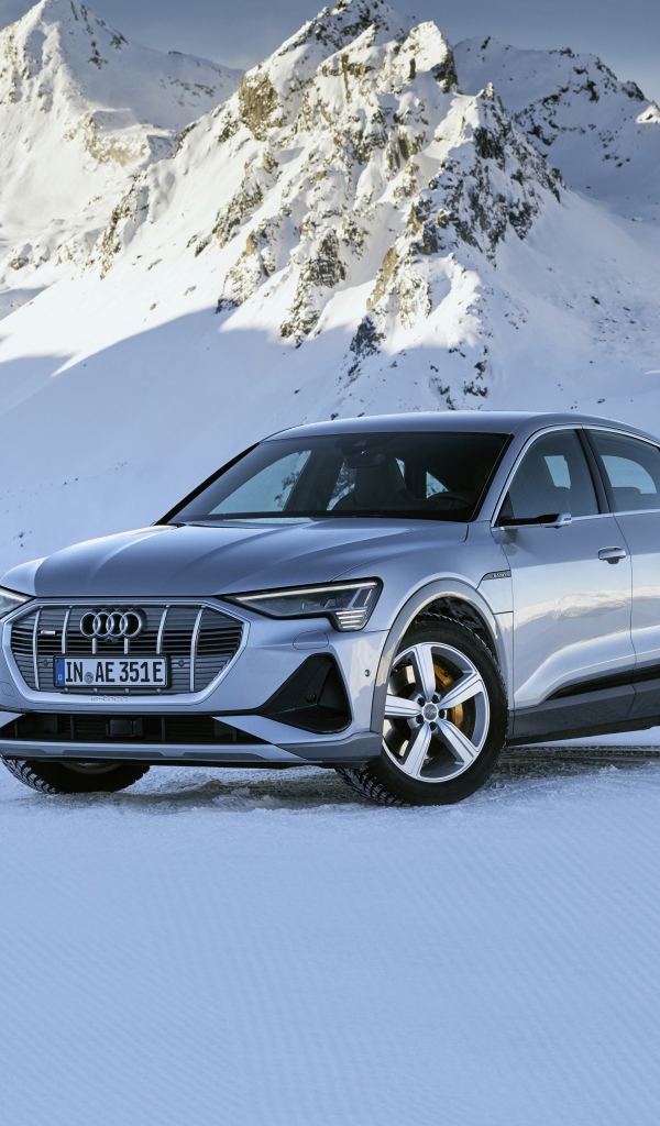 Автомобиль Audi E-Tron 55 Quattro Sportback S Line, 2020 года на фоне заснеженных гор 