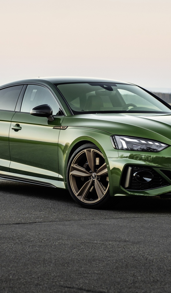 Зеленый автомобиль Audi RS 5 Sportback 2020 года на фоне поля