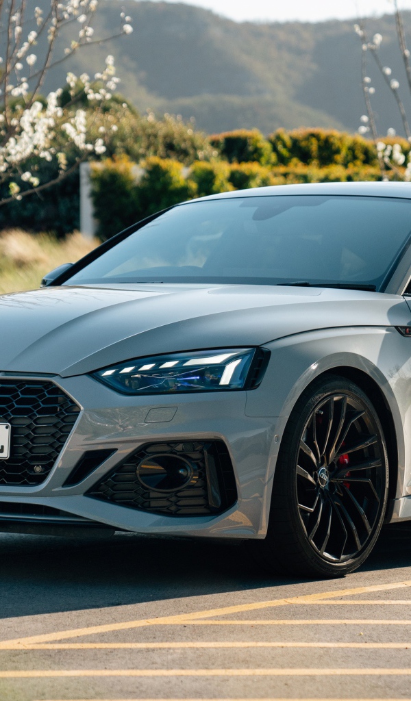 Серебристый автомобиль Audi RS 5 Sportback 2020 года на дороге