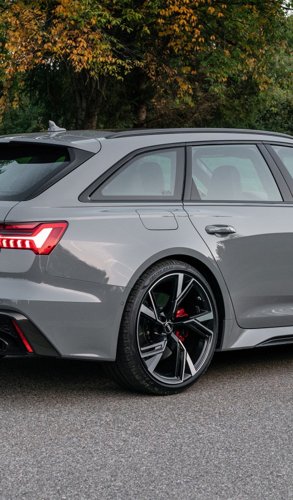 Серебристый автомобиль Audi RS 6 Avant, 2021 года вид сзади