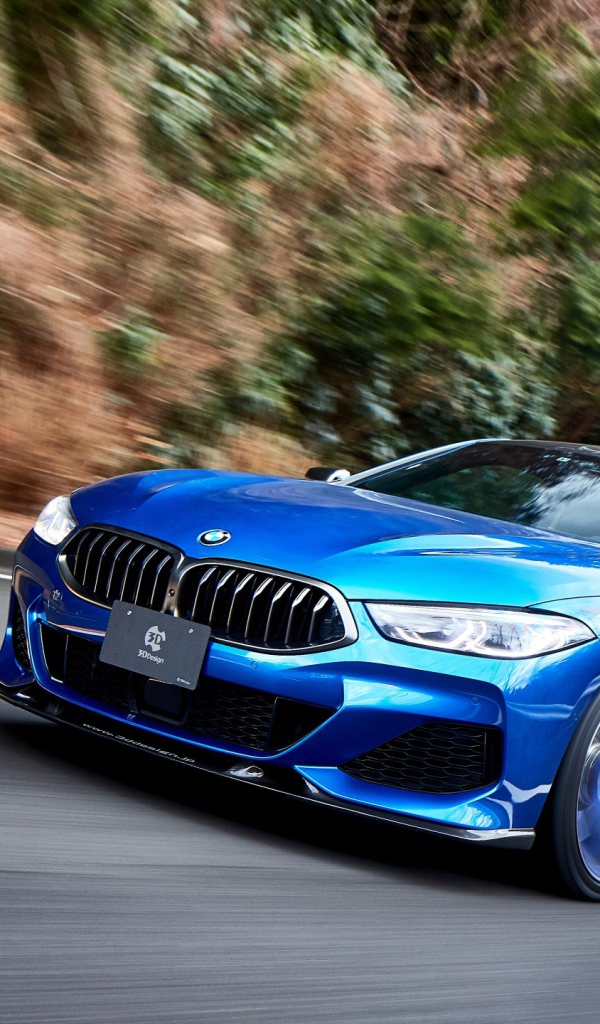 Синий автомобиль  BMW M850i XDrive Coupe 2020 года на дороге