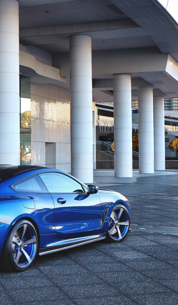 Синий автомобиль BMW M850i XDrive Coupe 2020 года у здания вид сзади