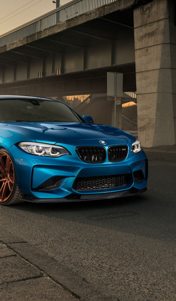 Синий автомобиль BMW M2 у моста 