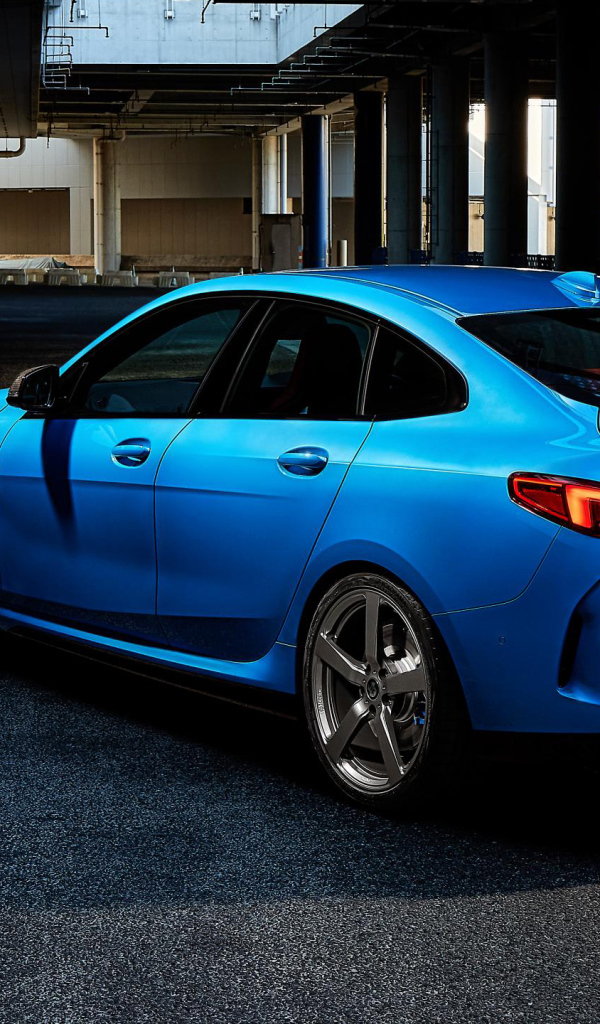 Синий автомобиль BMW 2 Series, 2020 года вид сзади