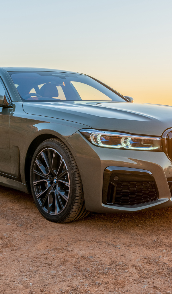 Стильный дорогой автомобиль BMW 745Le , 2020 года на фоне заката