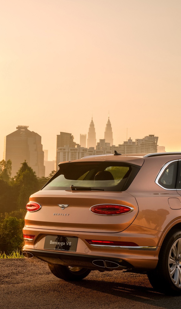 Автомобиль Bentley Bentayga V8 2020 года вид сзади на фоне города 
