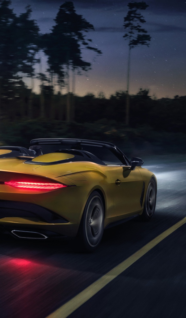 Желтый автомобиль Bentley Mulliner Bacalar 2020 года на ночной трассе 