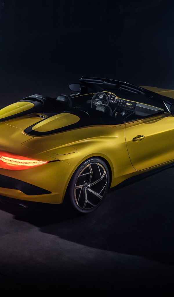 Желтый автомобиль Bentley Mulliner Bacalar 2020 года вид сзади на сером фоне