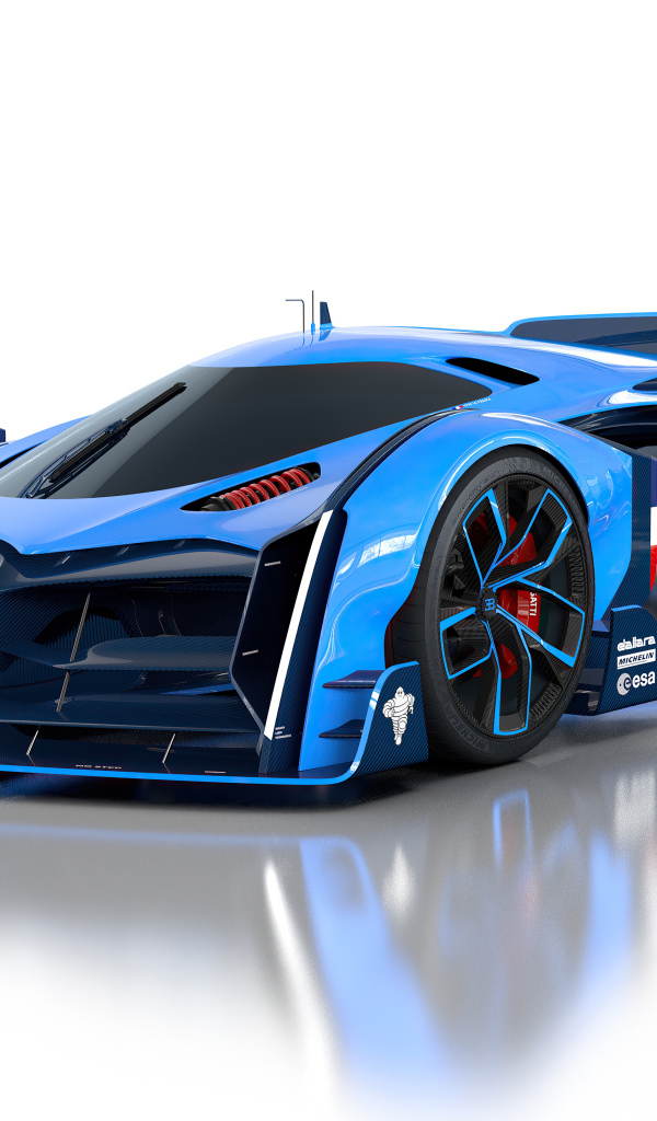 Синий спортивный автомобиль Bugatti Vision Le Mans, 2021 года на белом фоне