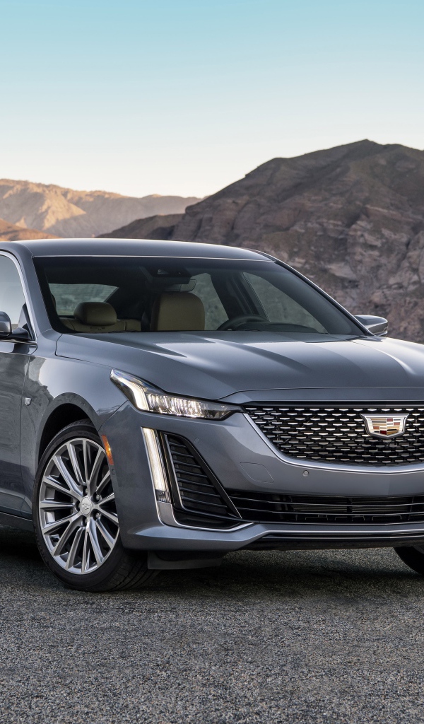 Серебристый автомобиль Cadillac CT5 Premium, 2020 года на фоне гор 