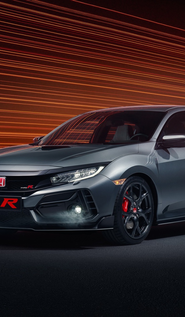Серебристый автомобиль Honda Civic Type R Sport Line 2020 года на фоне лучей 
