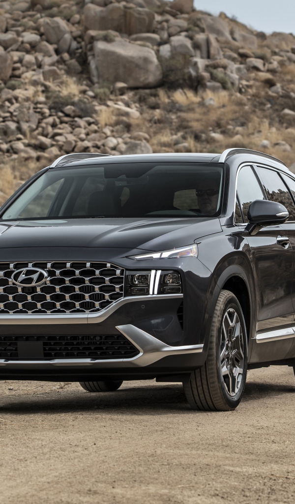 Черный автомобиль  Hyundai Santa Fe Hybrid, 2021 года у камней
