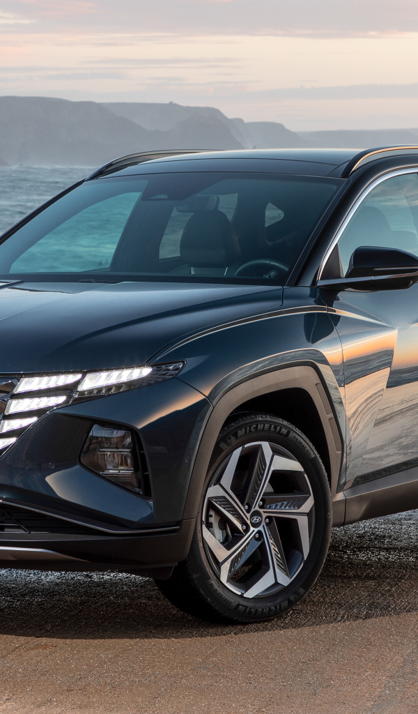 Черный автомобиль Hyundai Tucson Hybrid 2021 года у океана