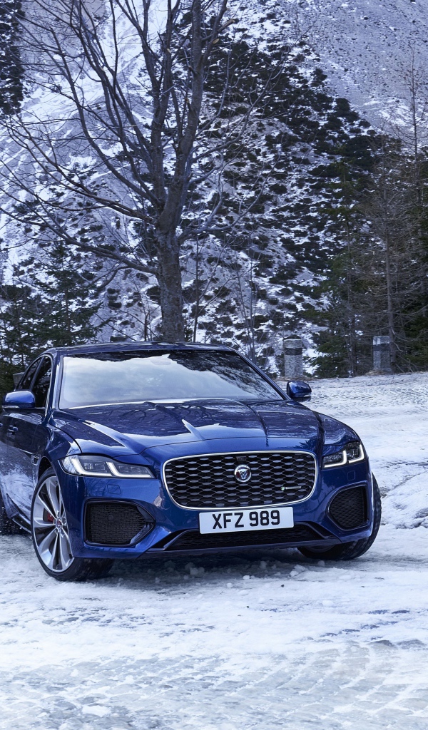 Синий автомобиль Jaguar XF зимой на фоне горы 