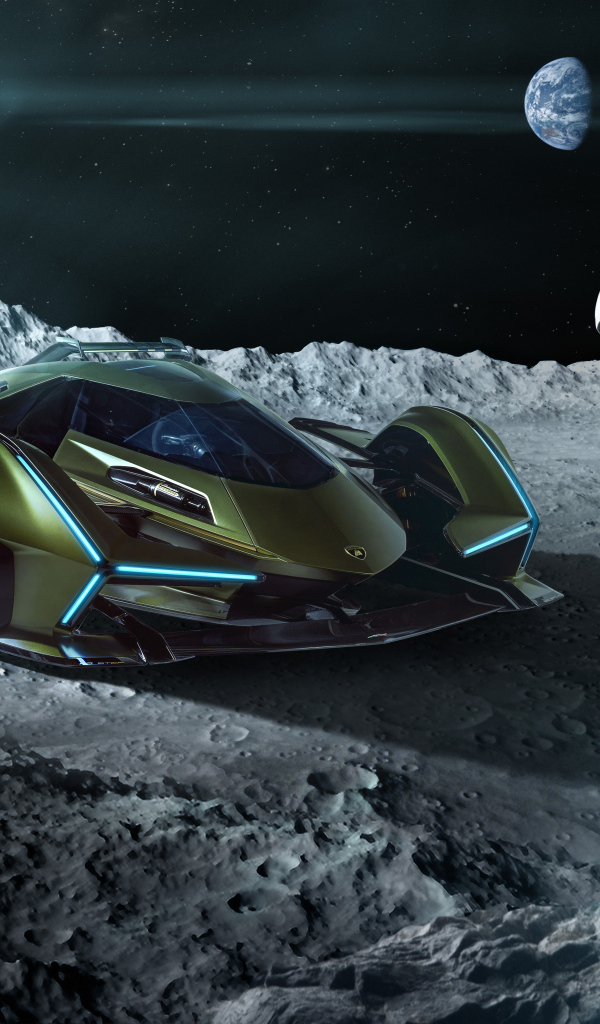 Спортивный автомобиль Lamborghini Lambo V12, 2019 года на поверхности луны