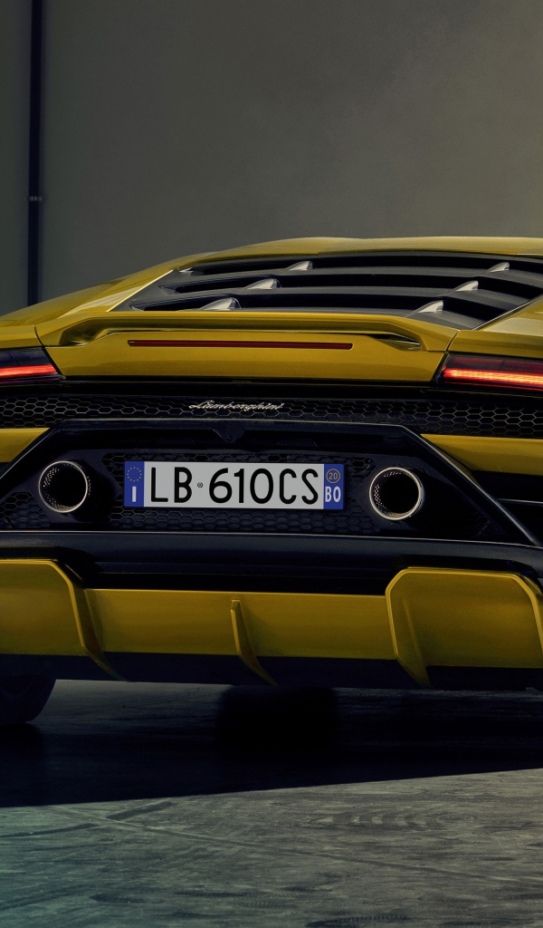 Желтый спортивный Lamborghini Huracan EVO RWD 2020 года вид сзади
